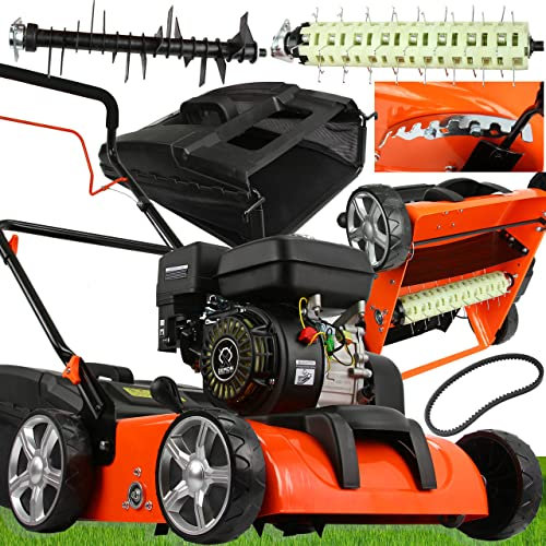 IMJ-Global Vertikutierer 3 in 1 Vertikutierer 5 PS mit Verbrennung 196 cc 3,8 kW Motor 4-Takt-Benzin für Rasen | 2 auswechselbare Rollen | 8 Höhenverstellungsstufen | Korb im Lieferumfang enthalten