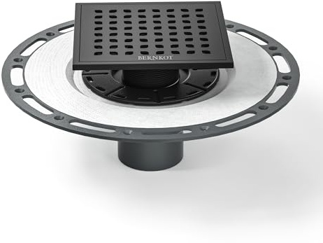 Bernkot Square Shower Drain, 6 Matte Black with PVC Bonding Flange Base 304 Stainless Steel Drain Grate Removable with Stainless Drain Key for Low Profile Shower Tiles, CUPC Certified