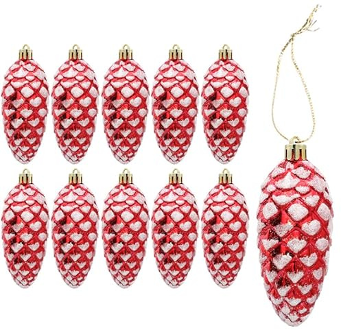 DAHI 10pcs Red Pine Cone Baubles Glitter Christmas Tree Pendant Glitter Decorated Pine Cone Baubles for Christmas Tree Decoration (red-A)
