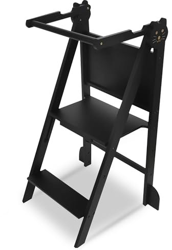 Oemmie klappbarer Lernturm schwarz aus Holz – Montessori Lernturm für Kinder mit Kreidetafel, höhenverstellbar & faltbar, belastbar bis 50 kg – platzsparender Küchenhelfer für Kleinkinder