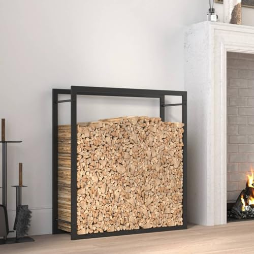 Homgoday Träställ, öppen spis registerhylla, vedhylla för inomhus och utomhus vedträställ i stål bokhylla utomhus vedställ inomhus matt svart, 80 x 28 x 86 cm