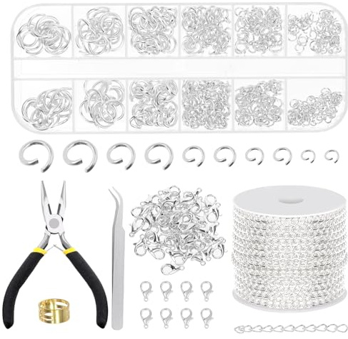 Swpeet 504 st silver 3 mm kit för smyckestillverkning kedjor med bindringar, smyckestång, böjda pincetter, bindringsöppnare och hummerlås, smyckestillverkning verktyg för halsbandstillverkning
