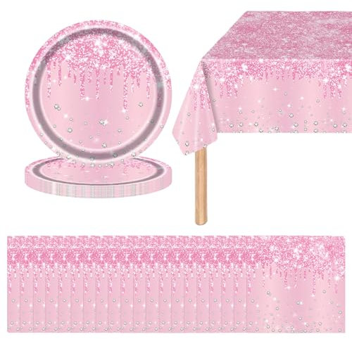 41Pcs Pink Shiny Glitter Diamond Tableware Set with Plates, Napkins, and Tablecloth for Her Birthday, Wedding, Baby Shower