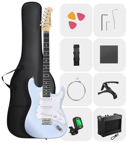 DONNER DST-80 E-Gitarre, 39” Anfänger E-Gitarren-Set mit Verstärker, klassischem SSS-Tonabnehmer, inklusive Gigbag, Stimmgerät, Kapodaster, Gurt, Plektren und kostenlosen Online-Lektionen