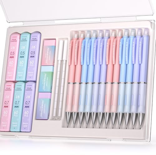 Fyra godis pastell mekanisk pennuppsättning, med 0,5 och 0,7 mm blypåfyllningar (HB & 2B)
