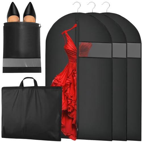 SaiXuan Kleidersack 3 Stück mit Schuhbeutel, 60x180cm, Transparenter Sichtbereich, Faltbare Kleidersäcke mit Reißverschlüssen, für Brautkleider, Anzüge, Mäntel, Kleiderschrank und Reisen