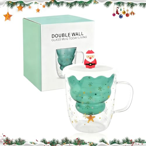 Moshiqgaol Tazza Albero di Natale in Vetro Borosilicato 270ml, Doppia Parete Isolante per Cappuccino e Latte Macchiato, con Cucchiaio, Idee Regalo per Ufficio e Casa