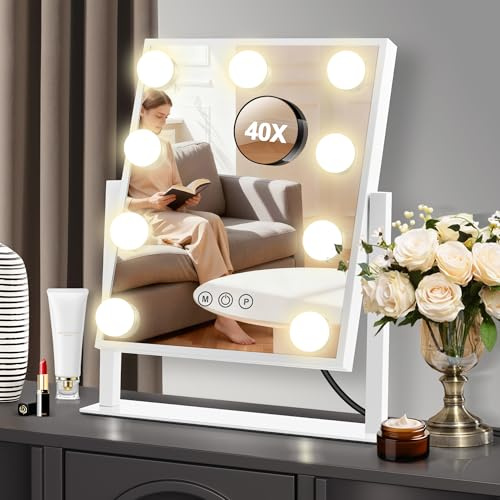 MOMOKUBA Specchio da trucco Hollywood con luce, specchio cosmetico con luci e 9 LED, specchio da toeletta con ingrandimento 40x, per camera da letto e sala trucco professionale