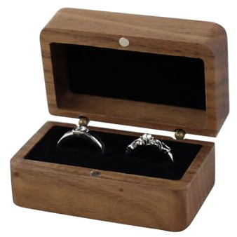 FuncHardwa Wooden Ring Box with 2 Slot, Vintage Rectangle Wedding Ring Box, Portable Engagement Ring Boxes for Proposal Wedding Ceremony Anniversary (Black)