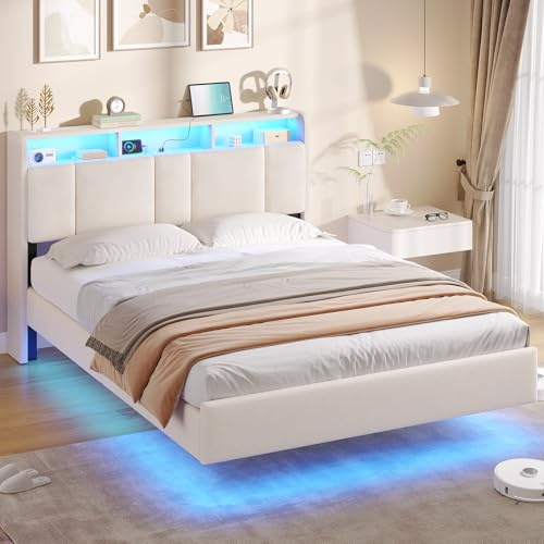 AOGLLATI Double Floating Bed Frame 135x190 cm with Adjustable LED Lighting and Multi-port Charging Station, 4ft6 Double Bed Frame with Upholstered Headboard Storage, Noise Free, Beige (No Mattress)