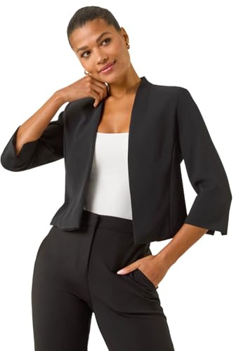 Roman Bolero Jacket for Women UK Ladies Shrug Tailored Rochette Suit Blazer Formal Wedding Guests Crepe Crop Stretch Smart Cover Up Office Work Slim Edge to Edge - Black - Size 16