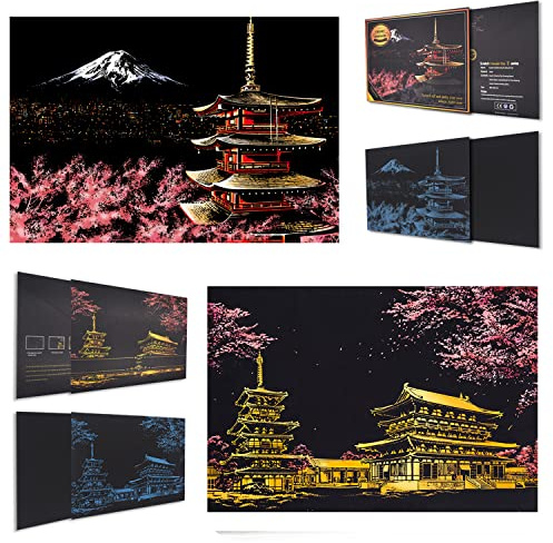 Croquis de peinture arc-en-ciel en papier à gratter SiYear, scène de nuit de la série City, cadeau créatif pour peinture à gratter, œuvres de tableau de connexion pour adulte et enfants, avec 4 outils