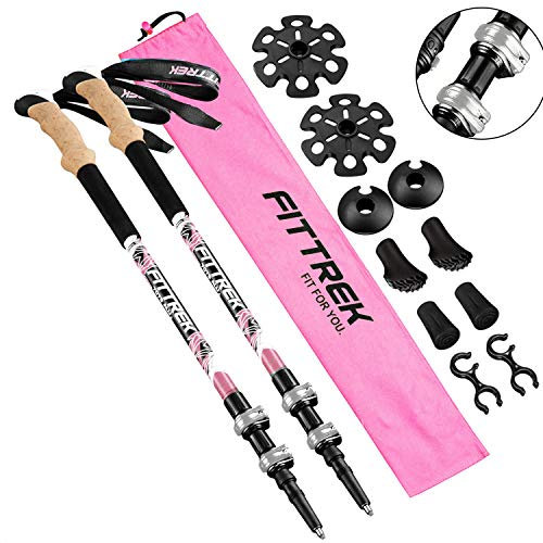 FitTrek Wanderstöcke - Trekkingstöcke - Walking Stöcke Teleskop - Nordic Walking Stock Verstellbar Kork Leicht für Damen, Herren und Kinder mit Gummipuffer, Pads und Tasche