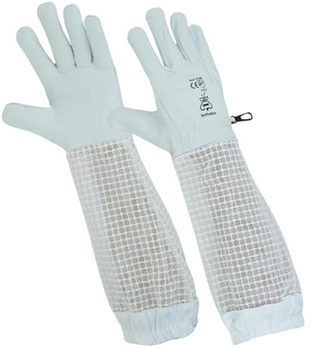 BeeProGear Leather Gloves White | Beekeeping Protective Goatskin Leather Gloves | Beekeeper's Glove with Long Canvas Sleeve (Medium, White)