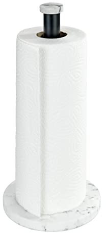 WENKO Porte-Rouleau pour Papier Cuisine Marbre, Support sur Pied au visuel élégant marbré pour la Cuisine, Fond en Plastique et Tige métallique Noire, (l/p x h) : Ø 15 x 32 cm, Blanc