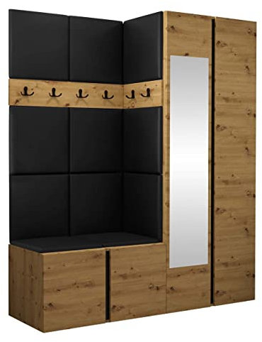 Mirjan24 Garderoben-Set Monati XII, Kleiderschrank mit Spiegel, Schuhschrank, 2X Kleiderhakenbrett, Gepolstertes Paneel/Wandpaneel, 6 Doppelhaken, Flurgarderobe (Eiche Artisan/Schwarz, Soft 011)