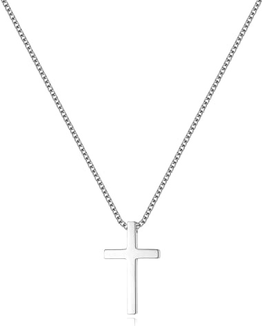 REVEMCN Black Gold Silver Cross Necklace for Boys Stainless Steel Mens Cross Pendant Chain Necklace for Men Women Religious Jewelry Gifts for Boys Girls Chain 16-24 Inches (18 inches, Silver - 0.8'' × 0.5'' cross pendant)