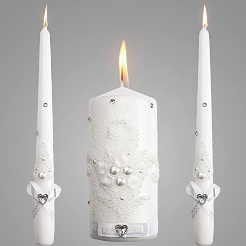 VABA Unity Candles - Set di 3 candele per cerimonia nuziale, perle bianche e cristalli, pilastro da 15,2 cm e 2 coni da 10 pezzi, ecologiche