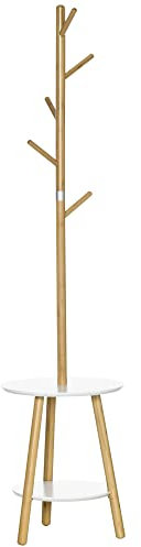 HOMCOM Garderobenständer, Kleiderständer, Standgarderobe mit 5 Kleiderhaken, Garderobe mit Beistelltisch, für Jacken, Hüte, Flur, Eingangsbereich, 171 cm Hoch, Natur+Weiß