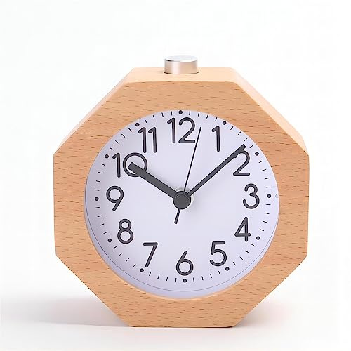 Lancoon Réveil Analogique en Bois, LED Non-Tic-Tac avec Chiffres Arabes Réveil Lumière Nuit Snooze Fonction Batterie Facile à Régler pour Les Enfants Hommes Femmes, Jaune