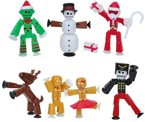 Zing StikBot Christmas Crew Pack – 7 Festive Themed Poseable Action Figures with Holiday Accessories, Stop Motion Animation Toy for Kids