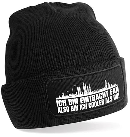 Beanie Strickmütze mit Spruch | Ich bin Eintracht Fan also bin ich cooler als du! | schwarz | weiche und warme Fußball Mütze für Frankfurt Fan | Skyline | SoftTouch Einheitsgröße für Erwachsene