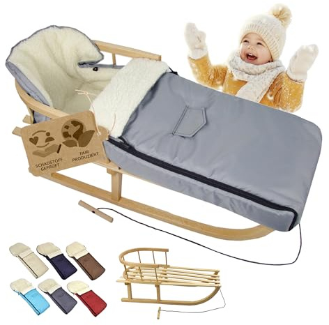 Kombi-erbjudande [träsläde universell vinteråkpåse 108 cm] kälke med ryggstöd och dragrep, fotsäck, lämplig för babystol, barnvagn, buggy med lammull (ljusgrå (108 cm))