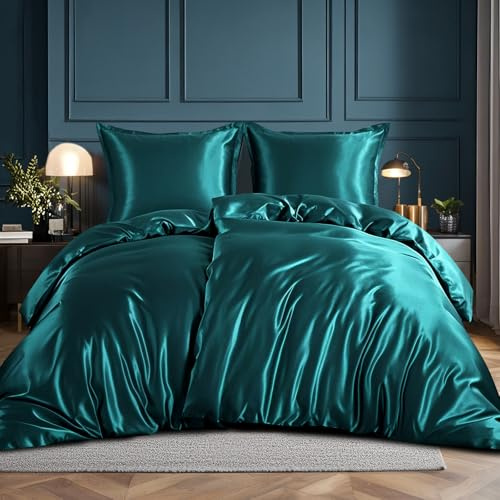 RUIKASI Satin sängkläder 135 x 200 4 delar – påslakan grön med glans som silke sängkläder set mörkgrönt för hår och hud, glänsande sängkläder 135 x 200 cm med dragkedja och örngott 80 x 80 cm