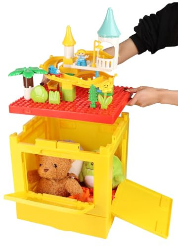 26QT 25L Plastic Storage Box with Building Lid for Lego Duplo Blocks Kids Toy Storage Organizer 4 Lock Doors Foldable Container Bin Stackable Toy Chest Table for Boys Girls Child, Red Yellow