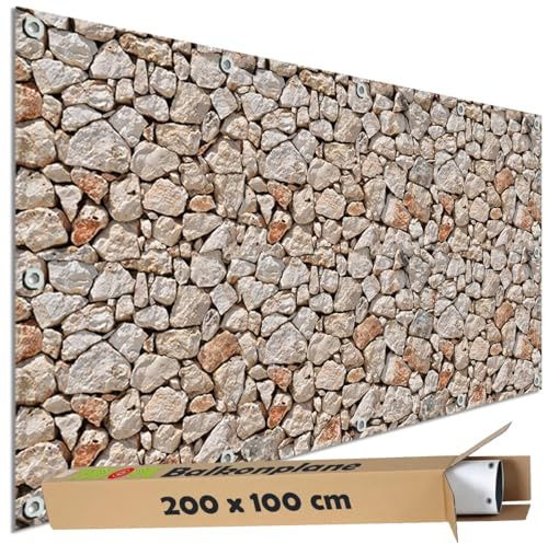 TRIOSK Sichtschutz Balkon Deko Plane Balkonblende Blickdicht mit Motiv Bruchstein Mauer Optik Hell für Garten Terrasse Gartenzaun Balkonverkleidung Blickschutz PVC groß 200x100 cm