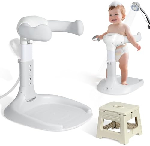 Orzbow Pliable 2 en 1 Baignoire Bébé avec Support de Douche Avec Siège, Sans Installation, Base Stable Et Antidérapante, 5 Hauteurs Réglables pour Les 6-36 Mois, Siège de Bain Portable pour Bébé, Gris