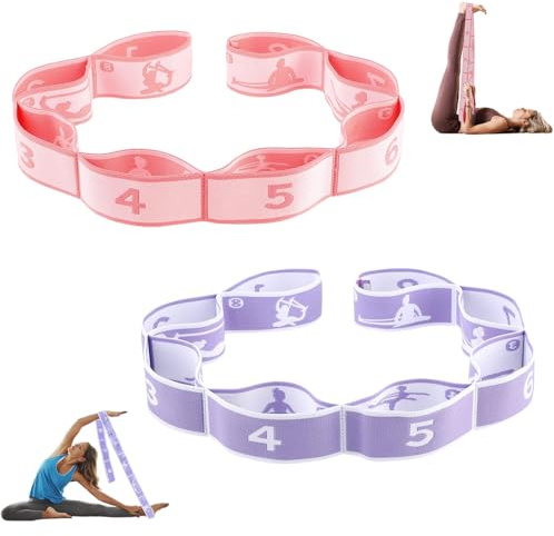 Yogabält, 2 stycken stretchband, yogaleggings med 8 rosetter, träningsband, elastiskt band, träningsband, förlängningselastiskt gymnastikband, för stretching, träning, pilates (violett, rosa)