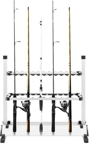 Fyssnn Supporto per canne da pesca regolabile in altezza, per 24 canne, in alluminio, per garage, casa, barche in argento/nero, salvaspazio (71,5 x 31 x 70 cm)