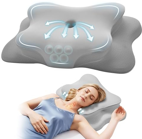 Autsel Almohada Cervicales y Cuello Viscoelástica con Diseño Mariposa – Almohada Ortopédica para Aliviar Dolor, 2 Alturas (11/13cm), Ideal para Dormir de Lado, Boca Arriba y Abajo, Gris Claro