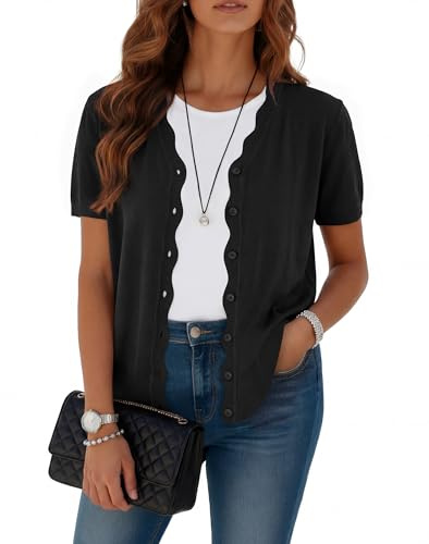 Yommay Chaqueta de punto para mujer Elegante Única Ola de verano de manga corta Ligera Suave Cuello en V Ladies Suéter Cárdigan, Negro01, XL