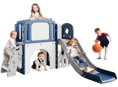Aptliton 8-in-1 Toddler Slide Set with Climbing Ladder, Tunnel, Telescope and Basketball Hoop, Multi-Functional Indoor Outdoor Playground Climber, Children's Playground Toy for Kids, Blue