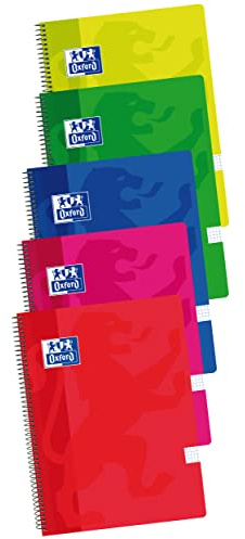 Oxford Cuadernos A4 , Tapa Plástico, 80 Hojas, Cuadrícula 4x4, Pack 5 unidades, Surtido colores vivos