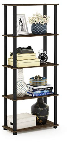 Furinno TURN-S-TUBE Book Shelf, 5-Tier Toolless Storage Shelves with Square Tubes, Shelving Unit for Organization and Storage for Living Room, Home Office, Columbia Walnut