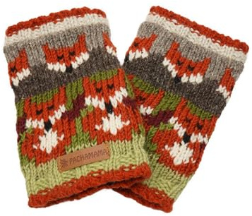 Pachamama Women Wool Hand Wrist Warmers Fleece Lined Handknitted Fox Multicoloured One-Size Handmade Extra Warm Fair Trade