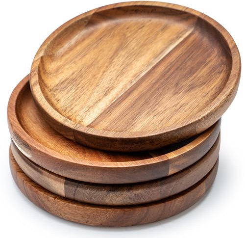 Kitchen Dinner Plates Set of 4, James.F 17CM Small Round Acacia Wooden Serving Tray and Plates for Coffee, Tea, Snacks, Deserts, Appetizer, Wood Candle Holder Tray Home Decor, Table Centerpieces