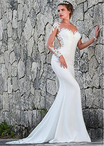 CongMing-huajia Mariage de La Mariée Robe À Manches Longues Style Robe de Mariée V - Neck Romantique Longue Robe de Pêche Élégante Blanc White 40