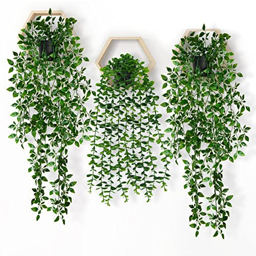 Elecoutek Artificial Hanging Plants in Pots, 3 Pcs Fake Potted Plants Faux Vine Greenery Hanging Plants Green Plastic Plant for Indoor Bathroom Bedroom Office Kitchen Shelf Wall Desk Decor