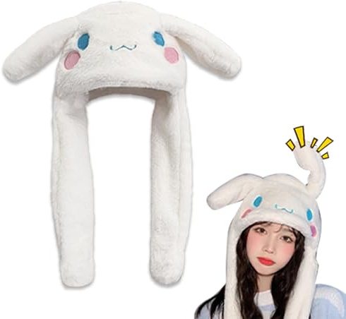 Roffatide Anime White Dog Ear Moving Jumping Hat Fluffy Beanie Cap Soft Warm Winter Head Wear Cute Hats for Women