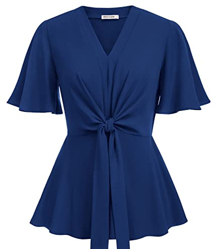 Womens Navy Blue Peplum Tops V Neck Bell Sleeve Tops Tie Front Elegant Blouses XL