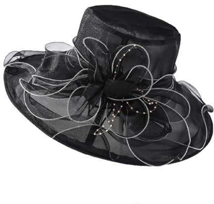 HIQIU Organza Hut Damen Breite Krempe Sommerhut Strandmütze, Ladies Elegant Sonnenhüte Fascinator Kirche Derby Hochzeit Party Hut (Schwarz)