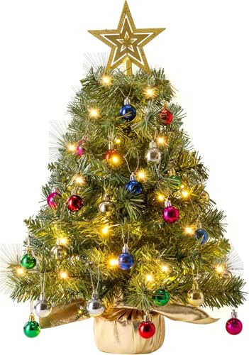 QLOFEI 60cm Mini Árbol de Navidad Pequeño, con 50 LEDs y 50 Decoraciones Navideñas de Bricolaje, Mini Árbol de Navidad Artificial de Mesa Iluminada para Decoración del Hogar y la Oficina