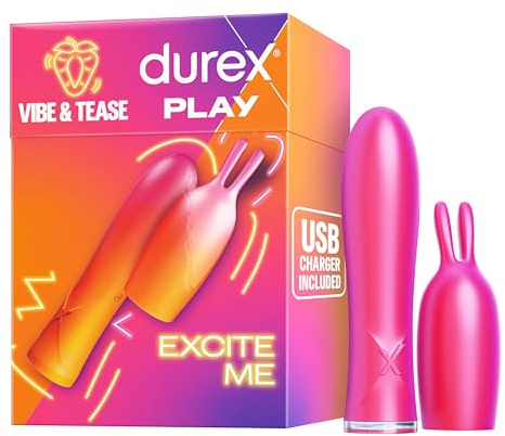 Durex Conejito Vibrador 2 en 1 VIBE & TEASE con punta estimuladora, juguete sexual para mujer, hombre y pareja, 7 modos de vibración y resistente al agua