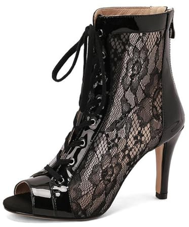 Kraftpaid Stivali da Ballo Latino Donna,Stivali di Salsa,Punta Aperta Lacci Stivali da Ballo,Stivaletti Bachata,Lace Up Ballo Partito Stivali,Peep Toe Stivali Rete,per Tango Bachata Pratica
