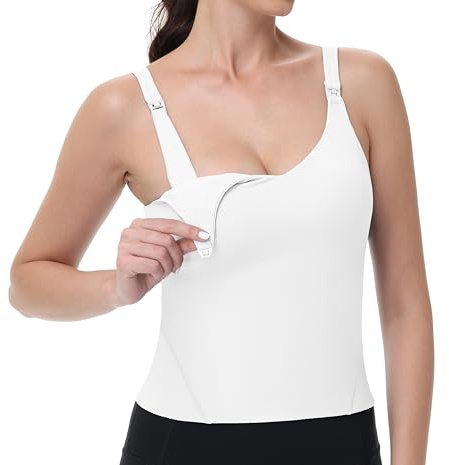 V VOCNI Nursing Tank Tops for Breastfeeding Workout Crop Top Longline Nursing Sport Bra Maternity Bras for Pregnancy White Medium