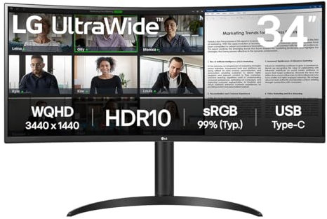LG Electronics Curved UltraWide Monitor 34WR55QK, 34 inch, 1440p, 100Hz, 5ms Response Time, VA Panel, Smart Energy Saving, USB-C (65W Power Delivery), Displayport, HDMI